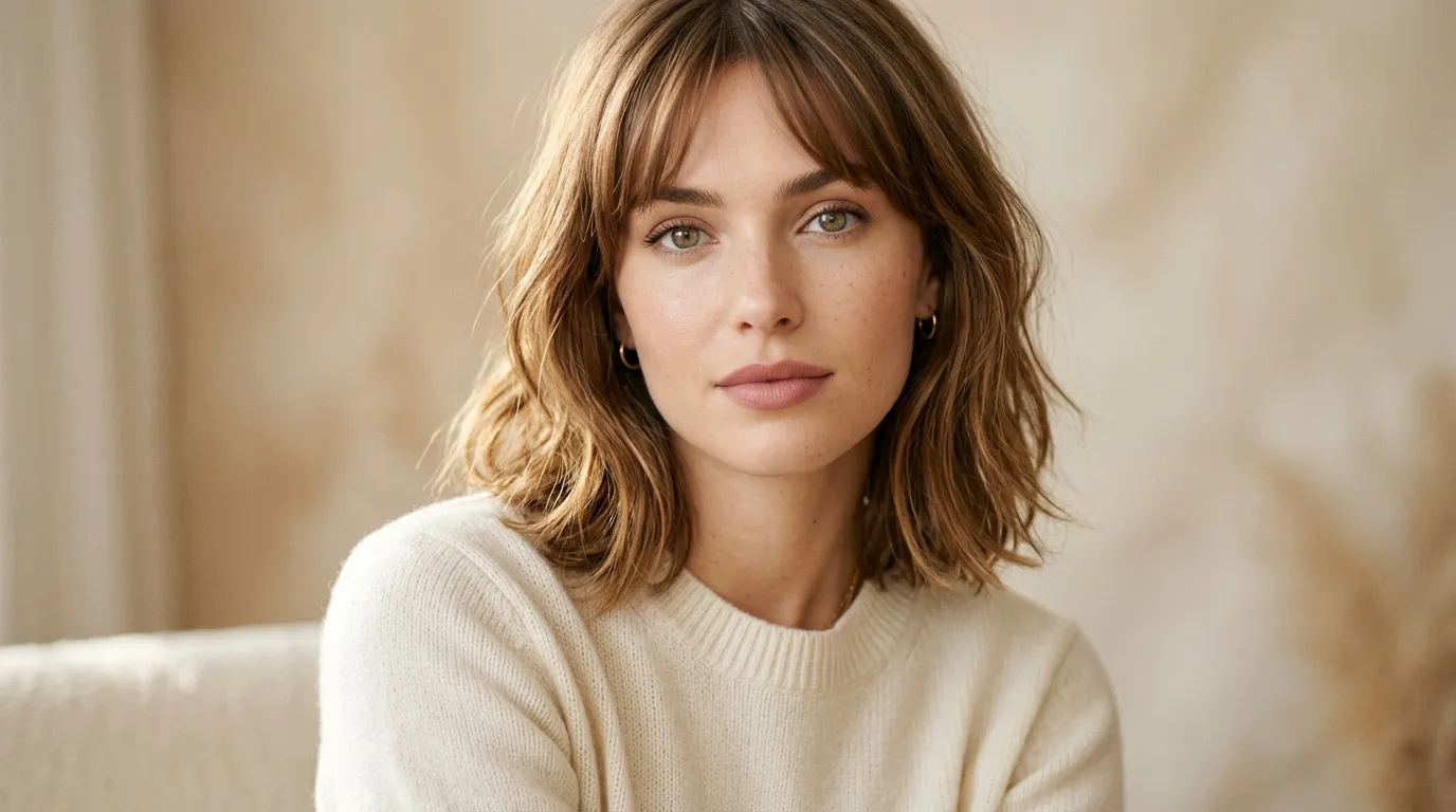 Femme aux cheveux châtains portant pull beige clair