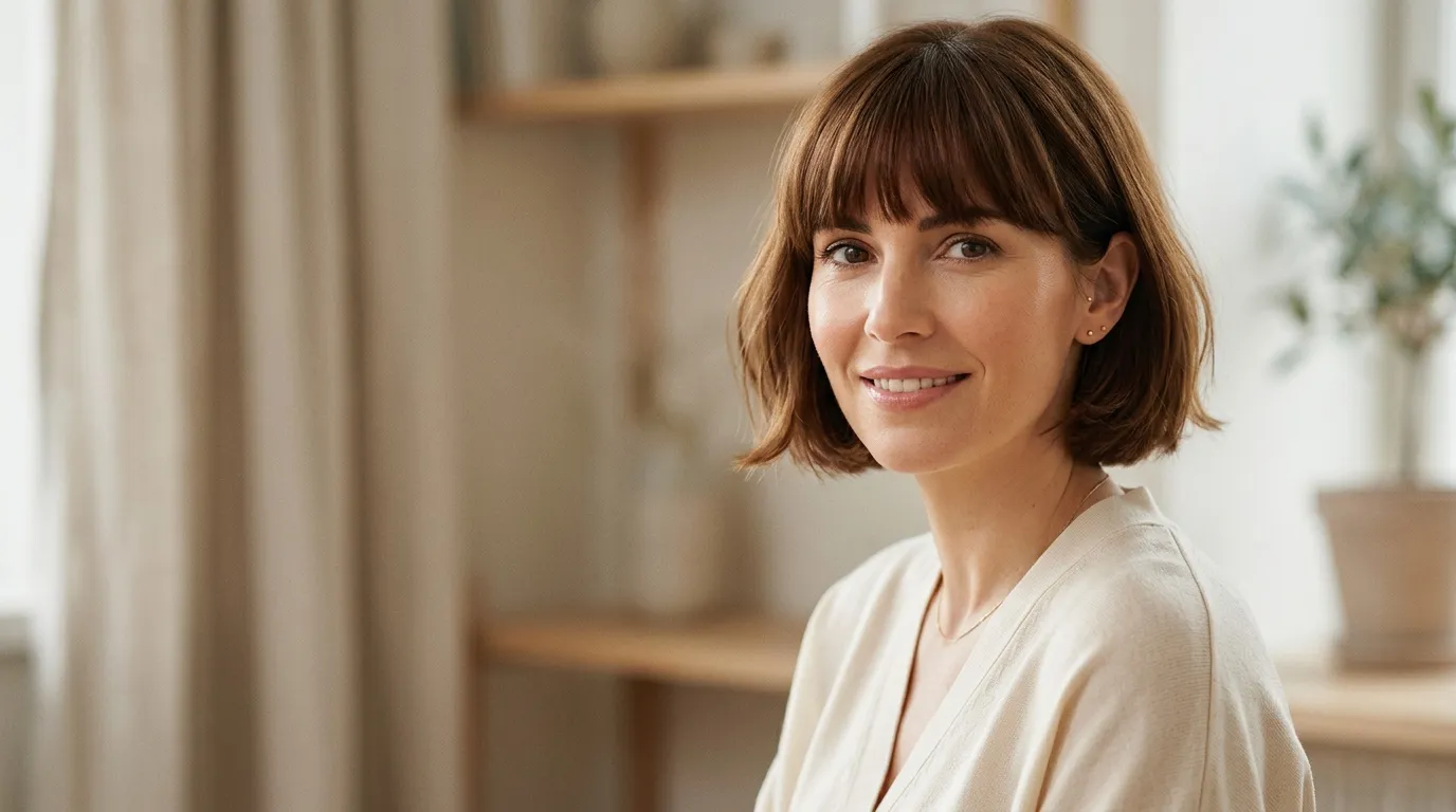 Femme brune souriante en cardigan beige dans intérieur moderne