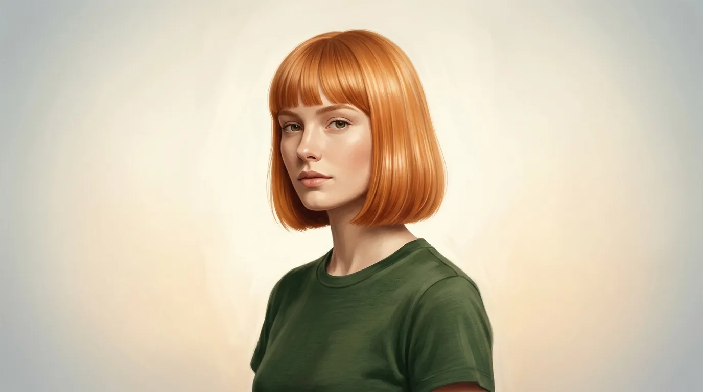 Femme aux cheveux roux bob, t-shirt vert, fond neutre