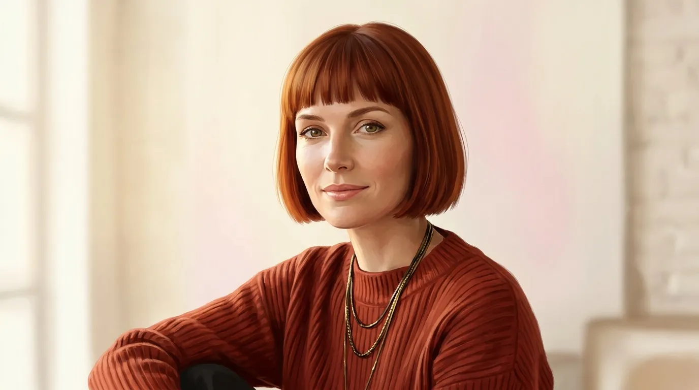 Femme avec cheveux roux courts portant un pull terracotta