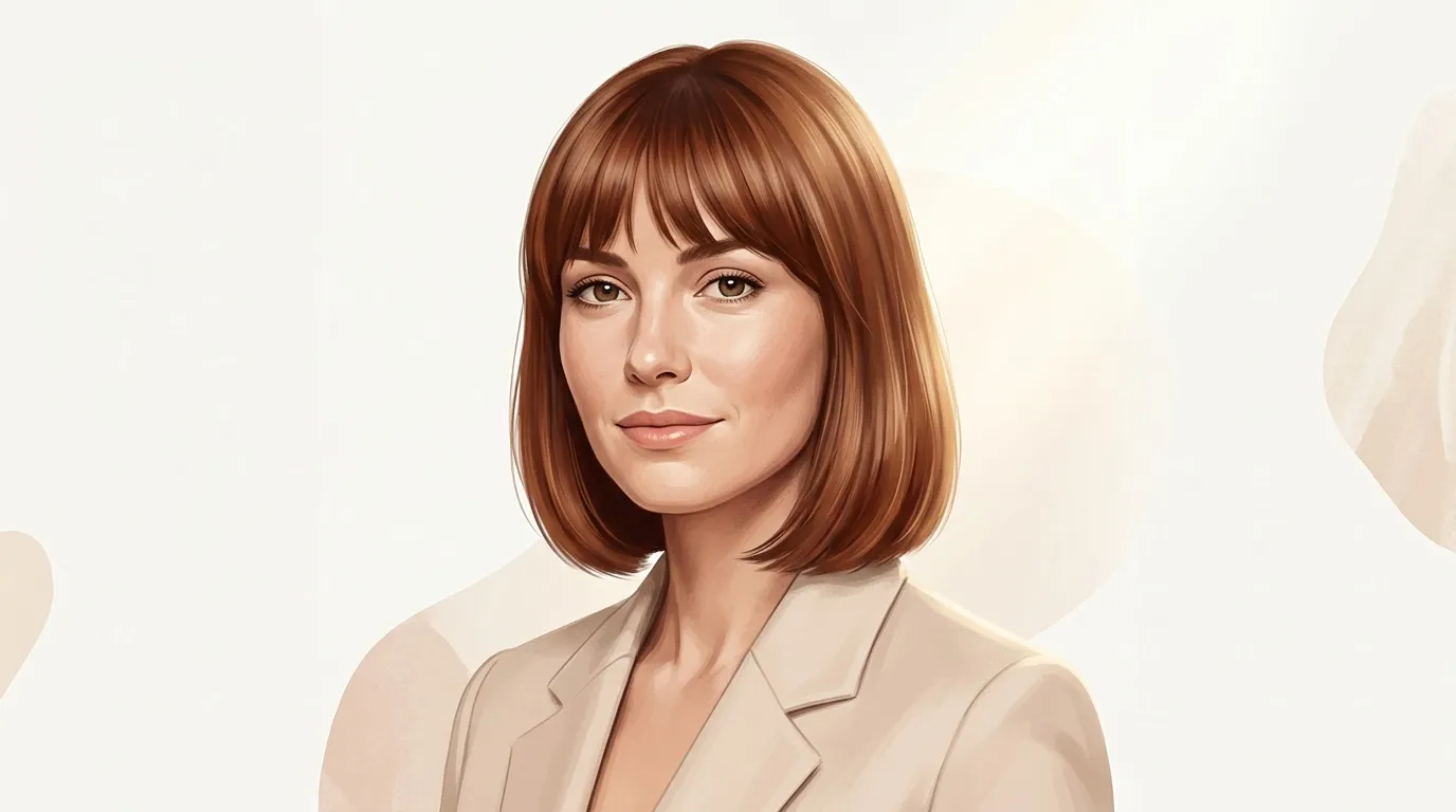 Femme aux cheveux roux portant un blazer beige