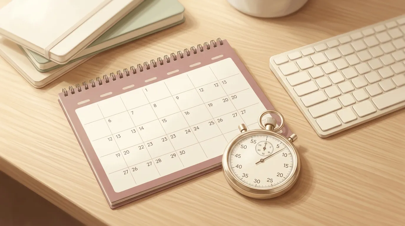 Calendrier rose, chronomètre et clavier sur bureau en bois