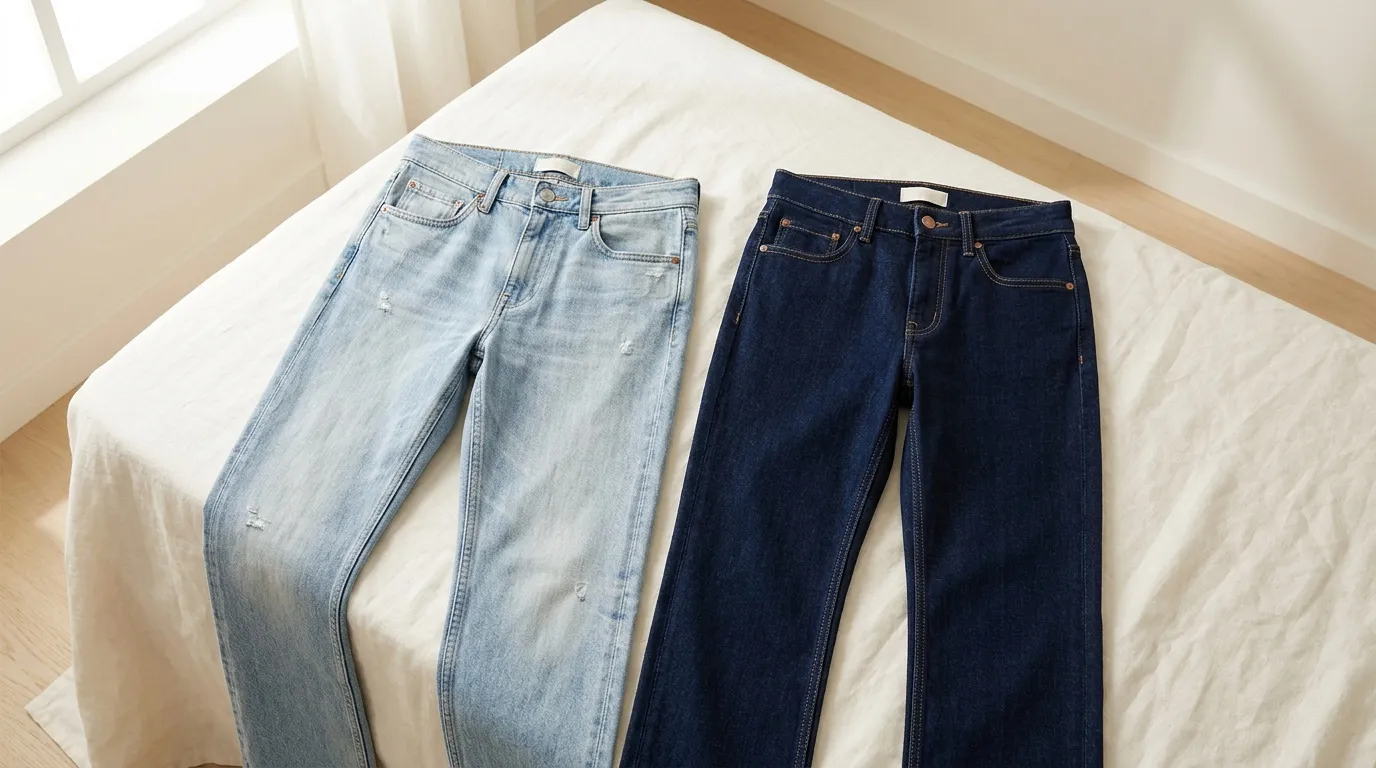Deux pantalons jeans, l'un clair et l'un foncé, posés sur un lit.