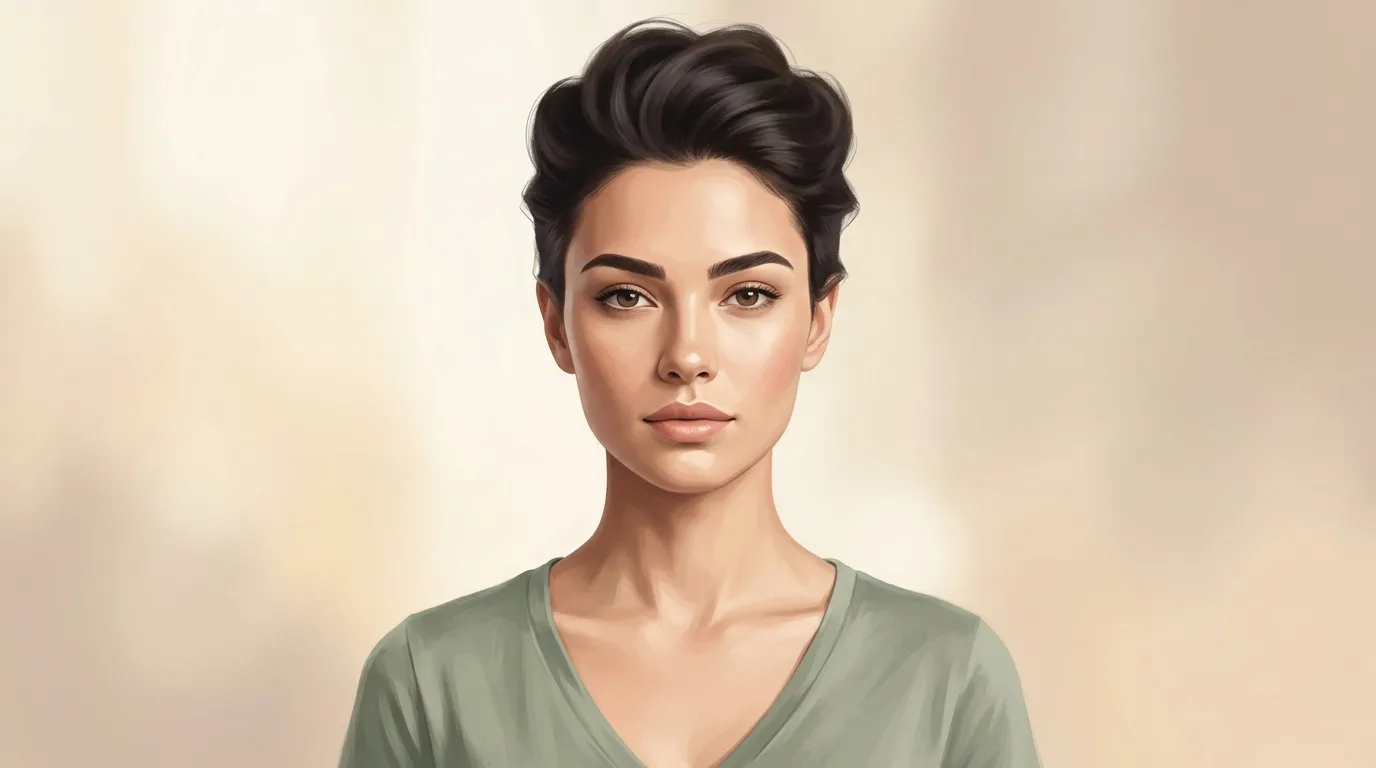 Femme aux cheveux noirs courts, regard droit, fond neutre