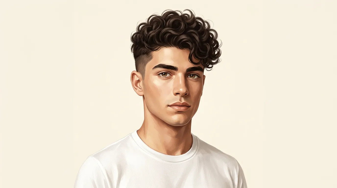Jeune homme aux cheveux bruns bouclés, t-shirt blanc