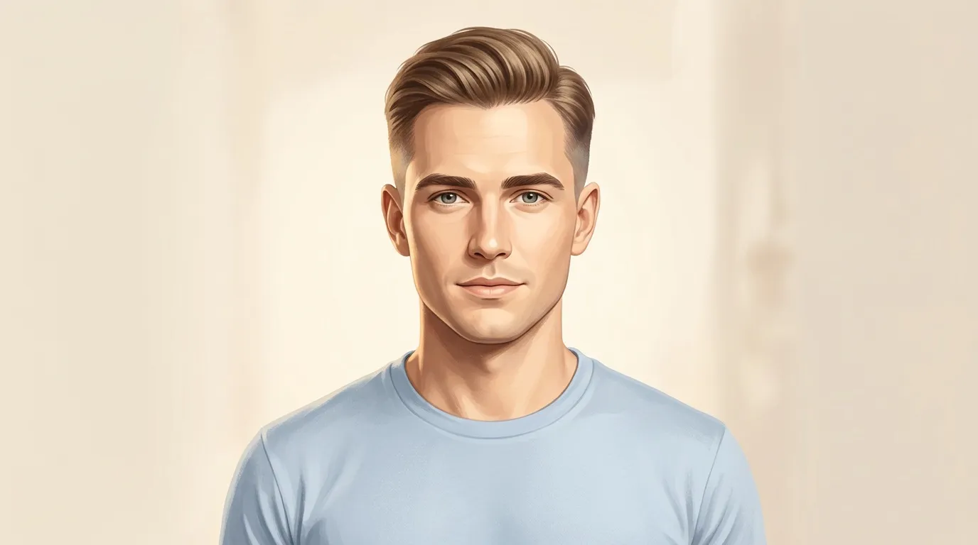 Homme jeune en t-shirt bleu clair, portrait neutre fond beige