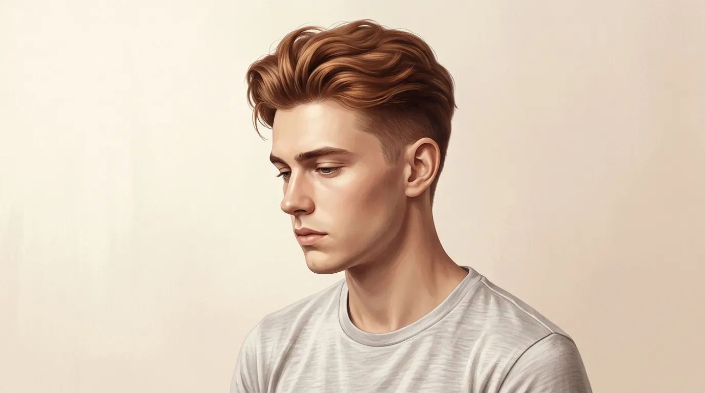 Jeune homme aux cheveux bruns, profil, t-shirt gris clair