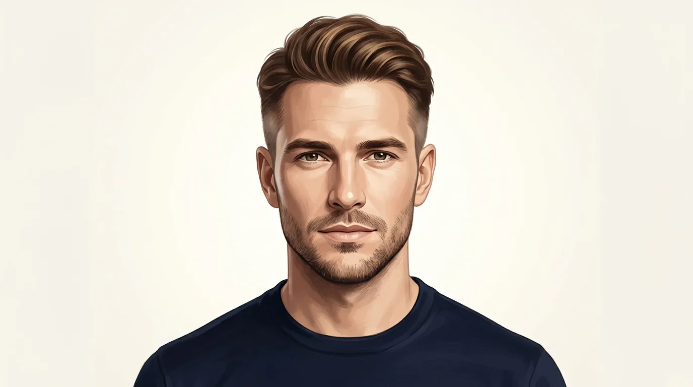 Homme brun avec barbe, regard direct, fond neutre