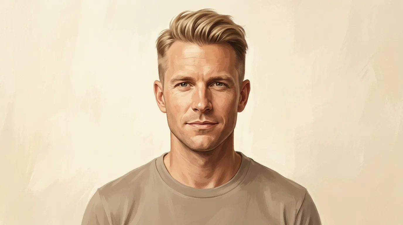 Homme blond portant un t-shirt beige, sourire confiant