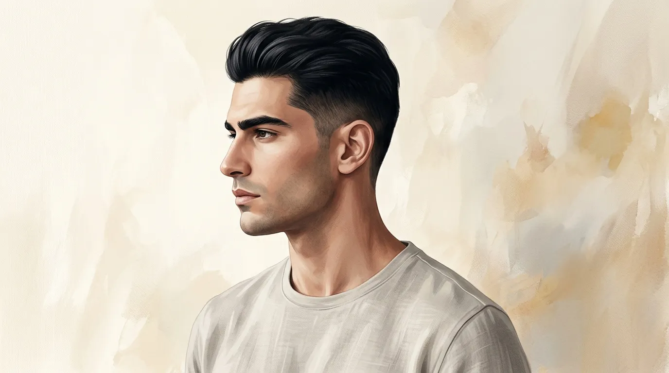 Homme brun de profil, t-shirt gris, fond beige neutre