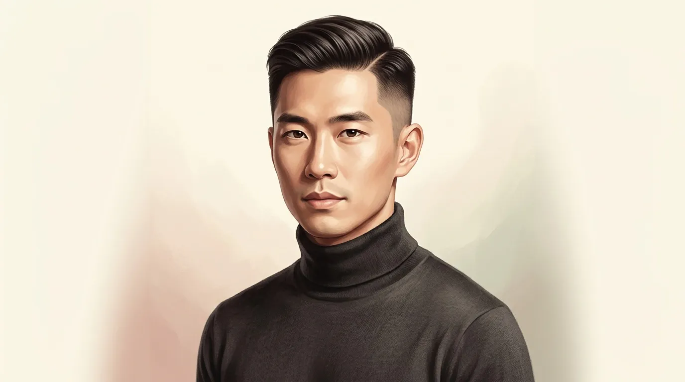 Homme asiatique en pull noir, fond beige clair