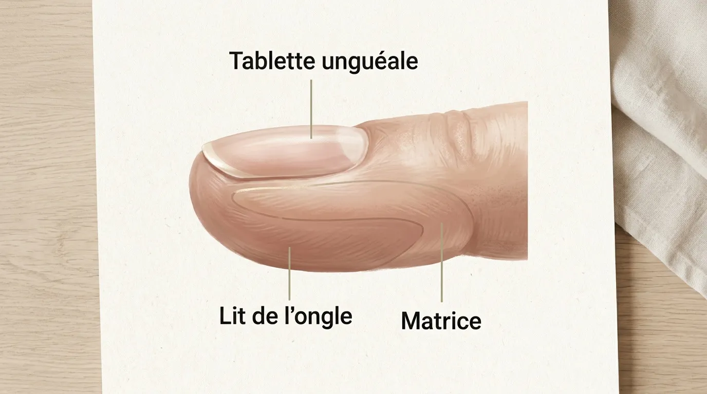 Schéma anatomique doigt montrant tablette unguéale lit ongle matrice