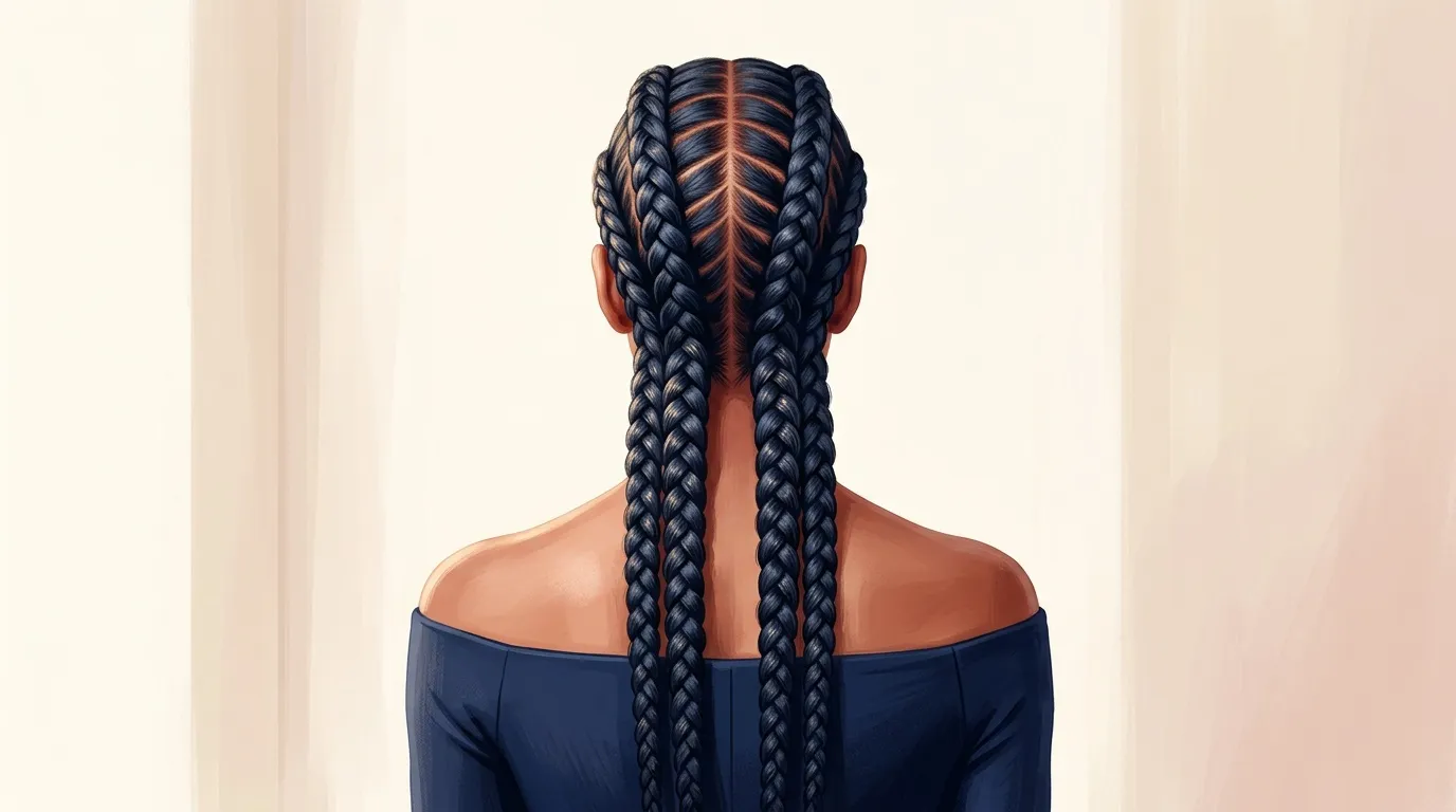 Femme vue de dos avec deux longues tresses noires