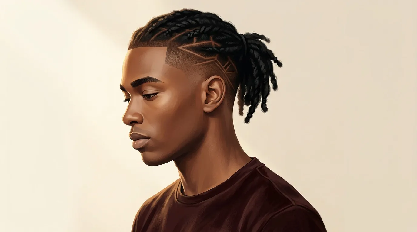 Profil d'un jeune homme avec tresses et motifs rasés