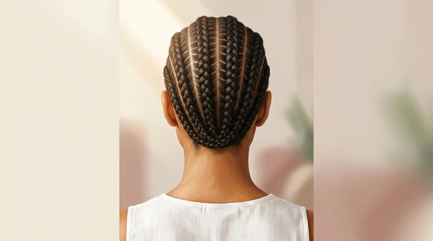 Vue arrière personne cheveux bruns tressés en nattes parallèles