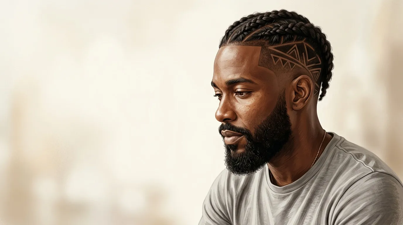 Homme portant un t-shirt gris avec tresses et tatouage