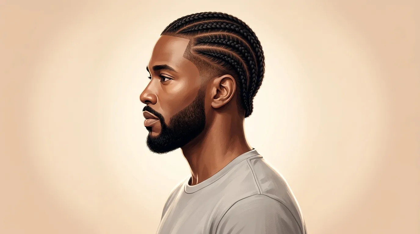 Homme profil, tresses noires, barbe, fond beige