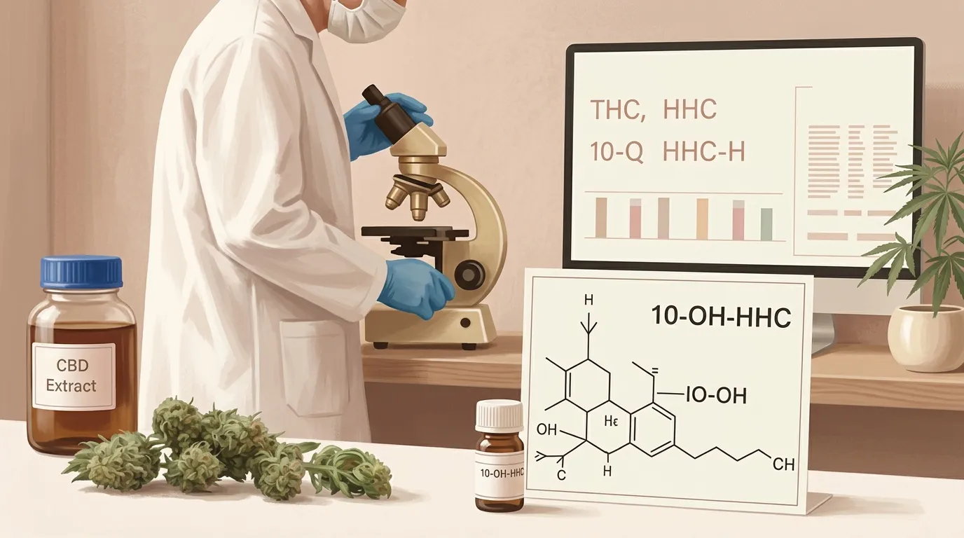 Scientifique analysant cannabinoïdes avec microscope et formules chimiques