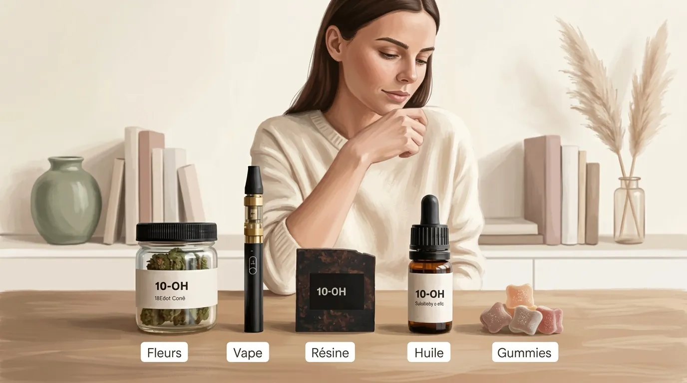 Femme examinant cinq produits 10-OH: fleurs, vape, résine, huile, gummies