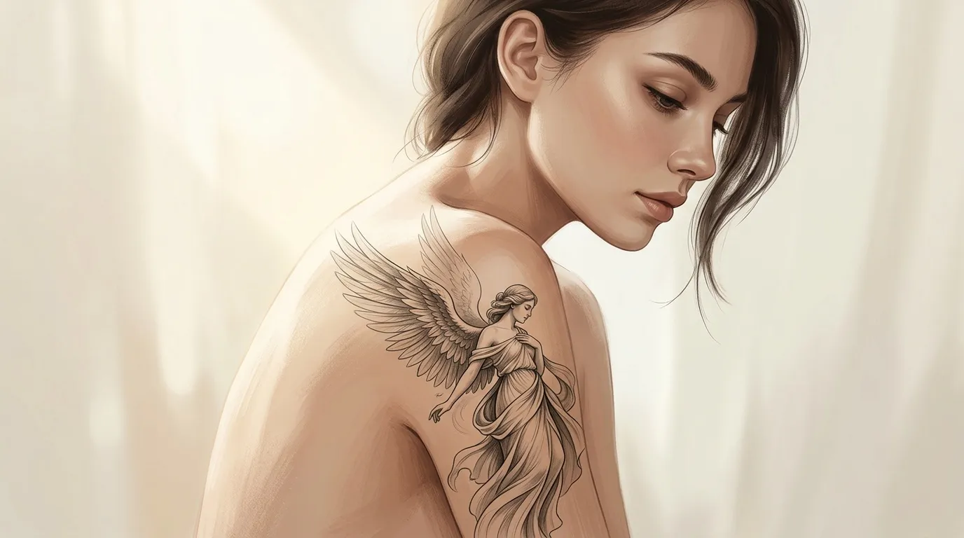 Femme de profil avec tatouage d'ange ailé sur l'épaule