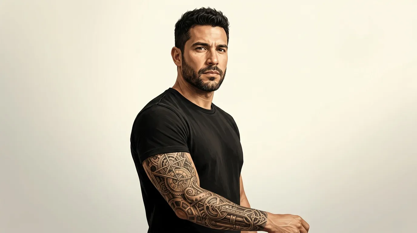 Homme barbu portant t-shirt noir avec tatouages géométriques