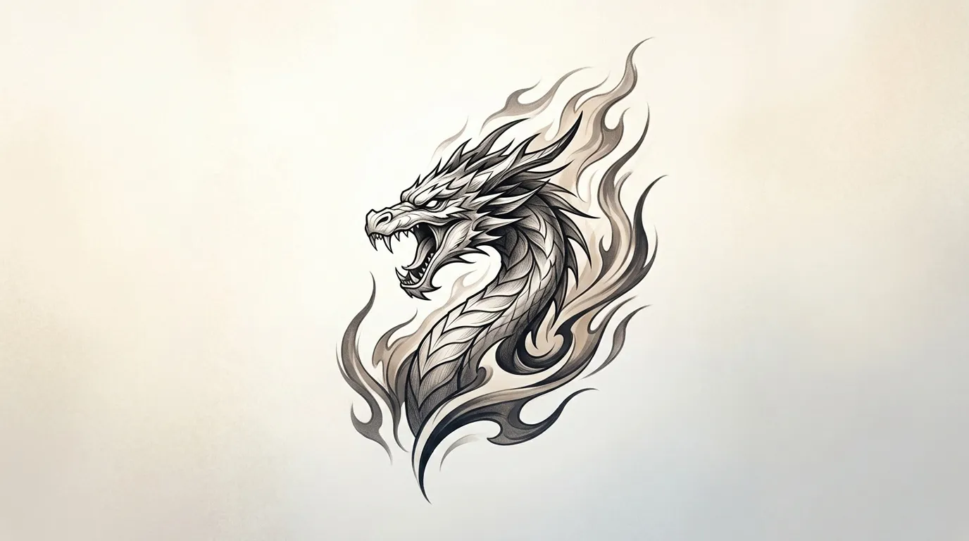 Illustration d'un dragon furieux entouré de flammes stylisées