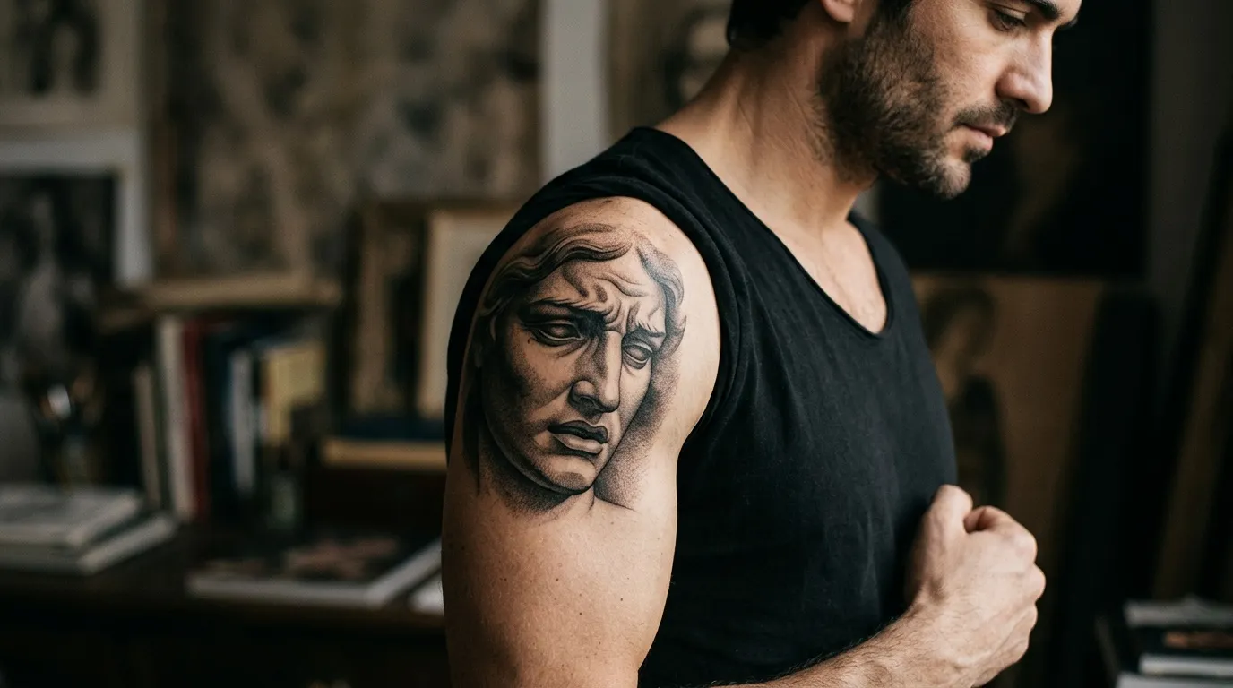 Homme avec tatouage portrait classique sur l'épaule