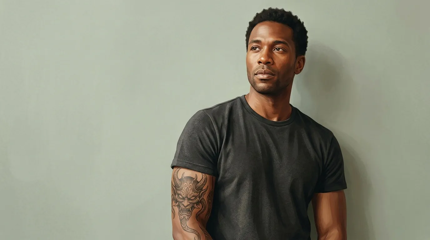 Homme en t-shirt noir avec tatouage au bras