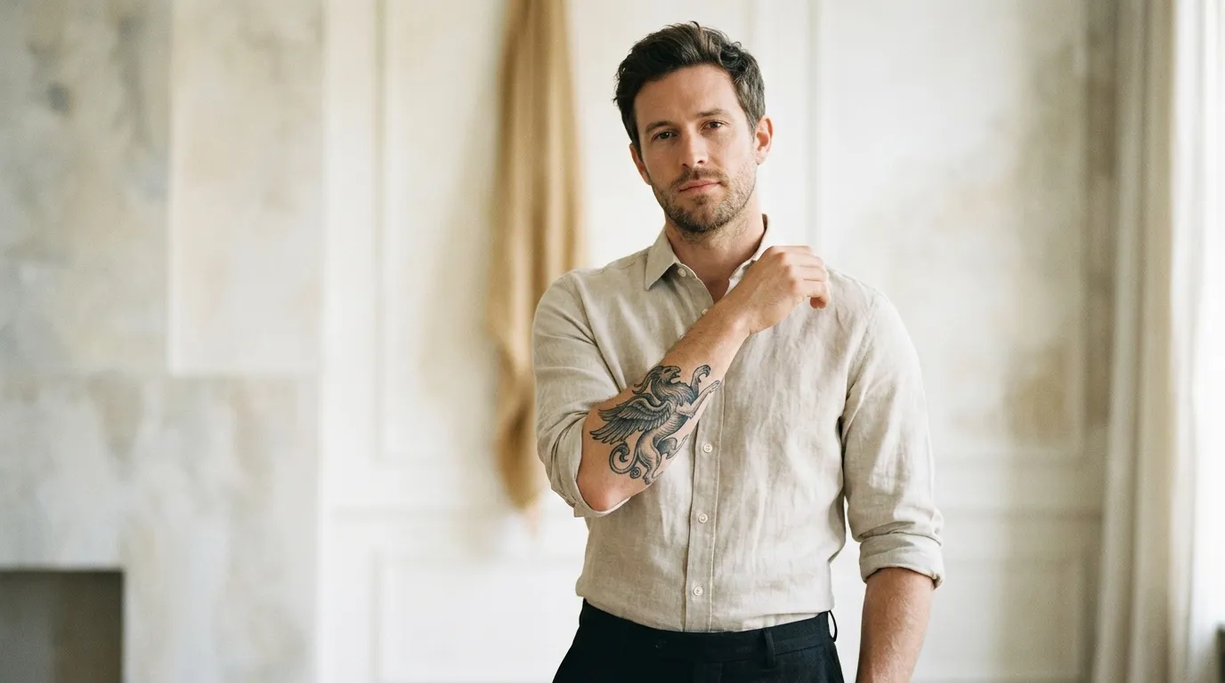 Homme portant chemise beige avec tatouage sur l'avant-bras