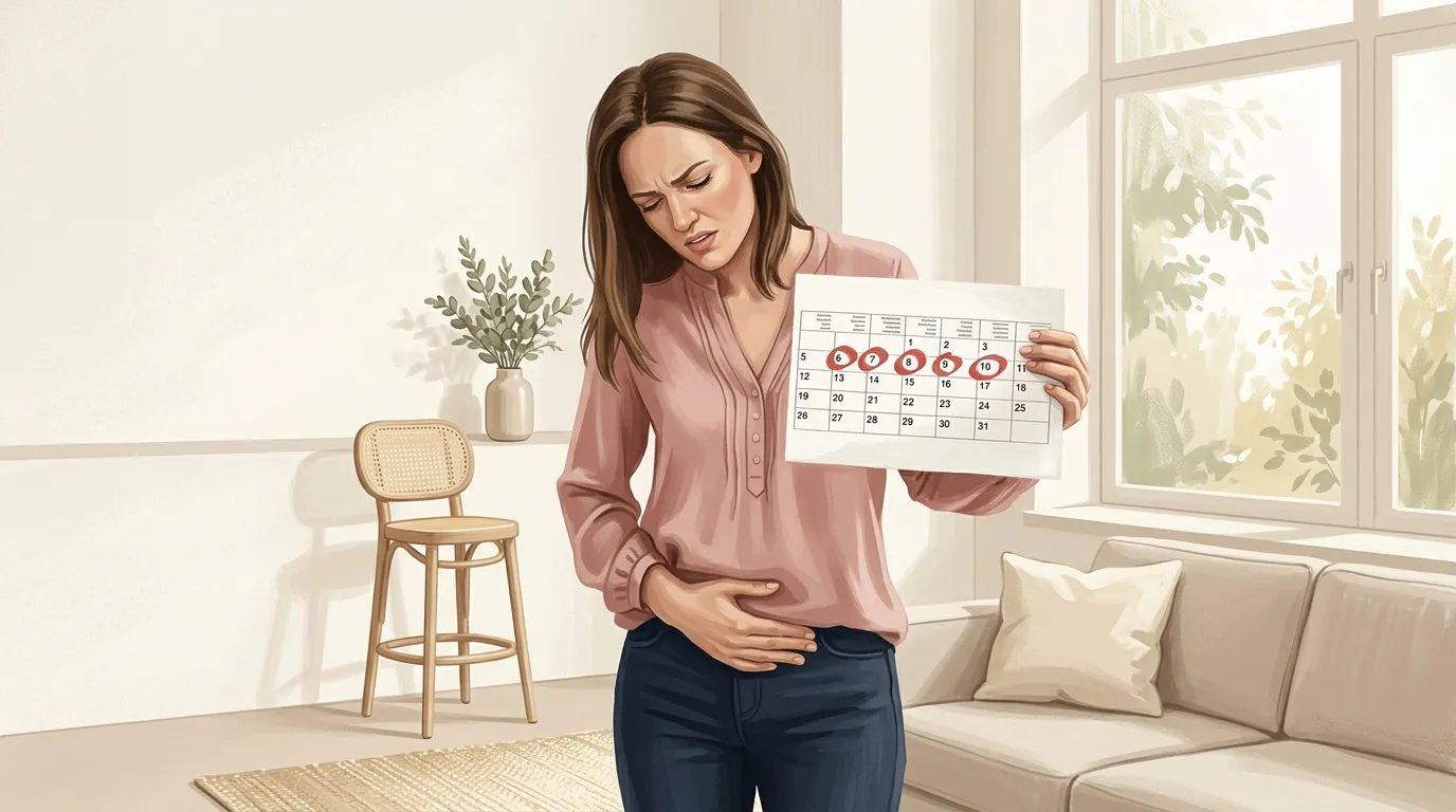 Femme enceinte tenant un calendrier menstruel dans son salon