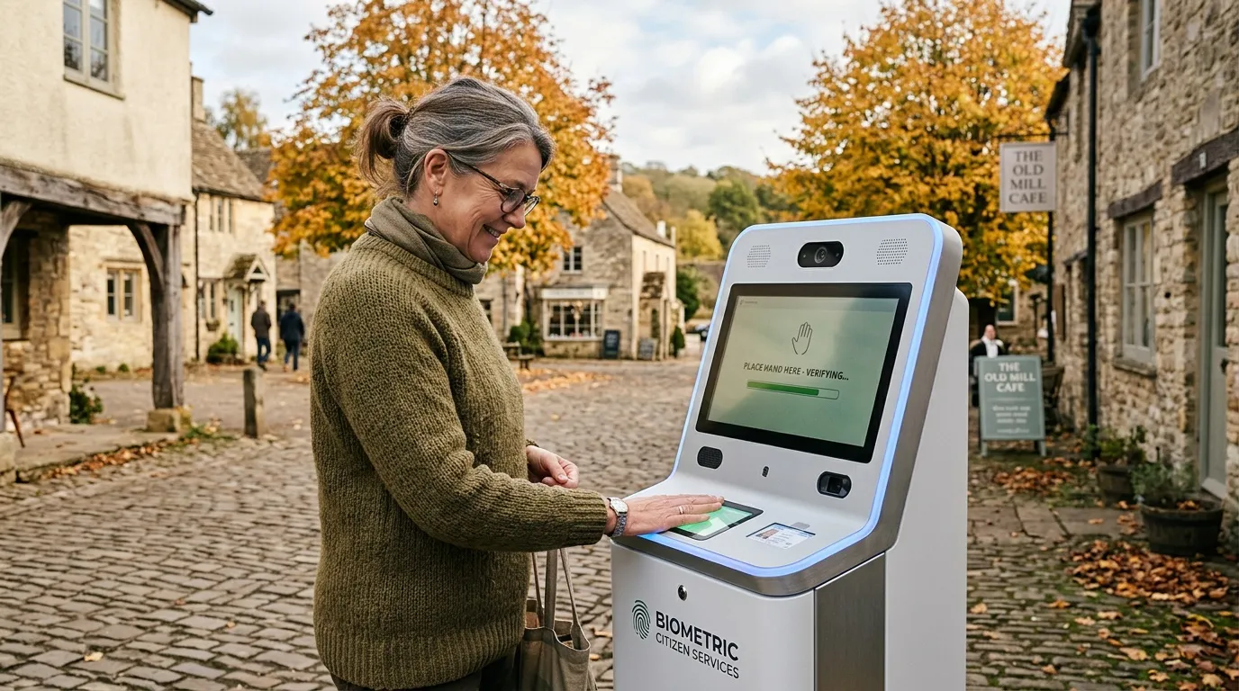 Femme utilise borne biométrique dans village automnal