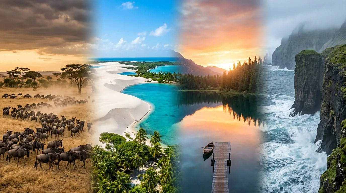 Collage montrant savane africaine, plage tropicale et falaises côtières