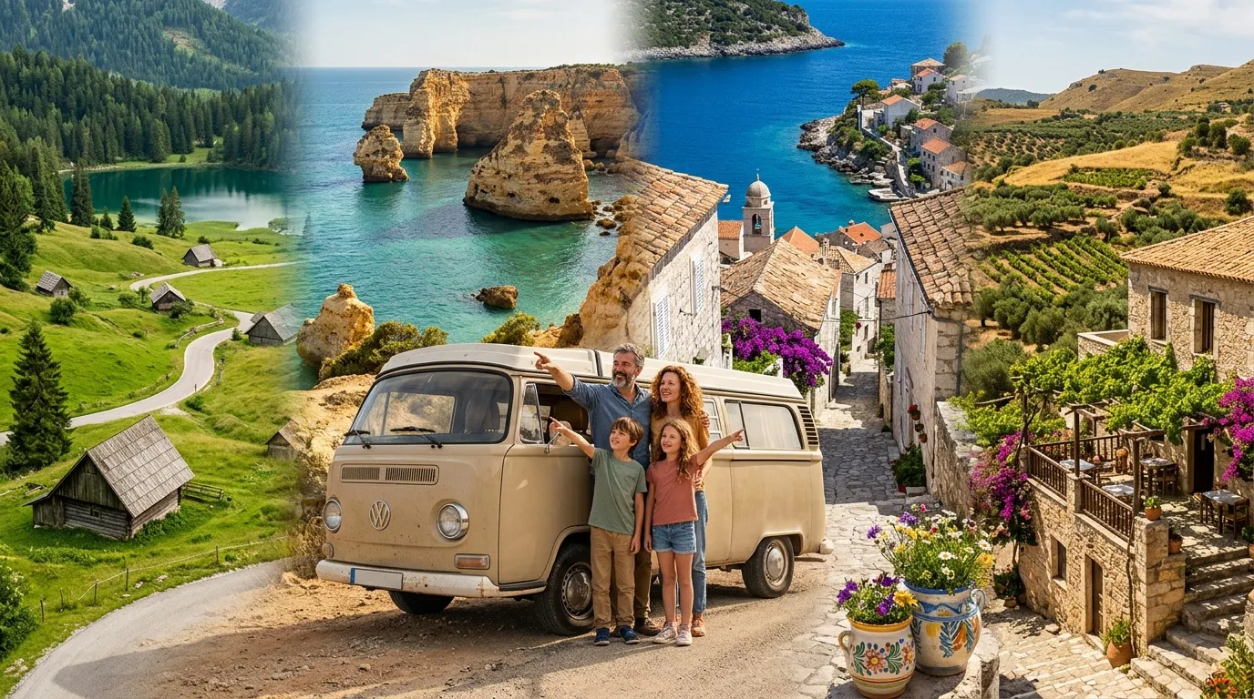 Famille devant camping-car découvrant paysages européens variés