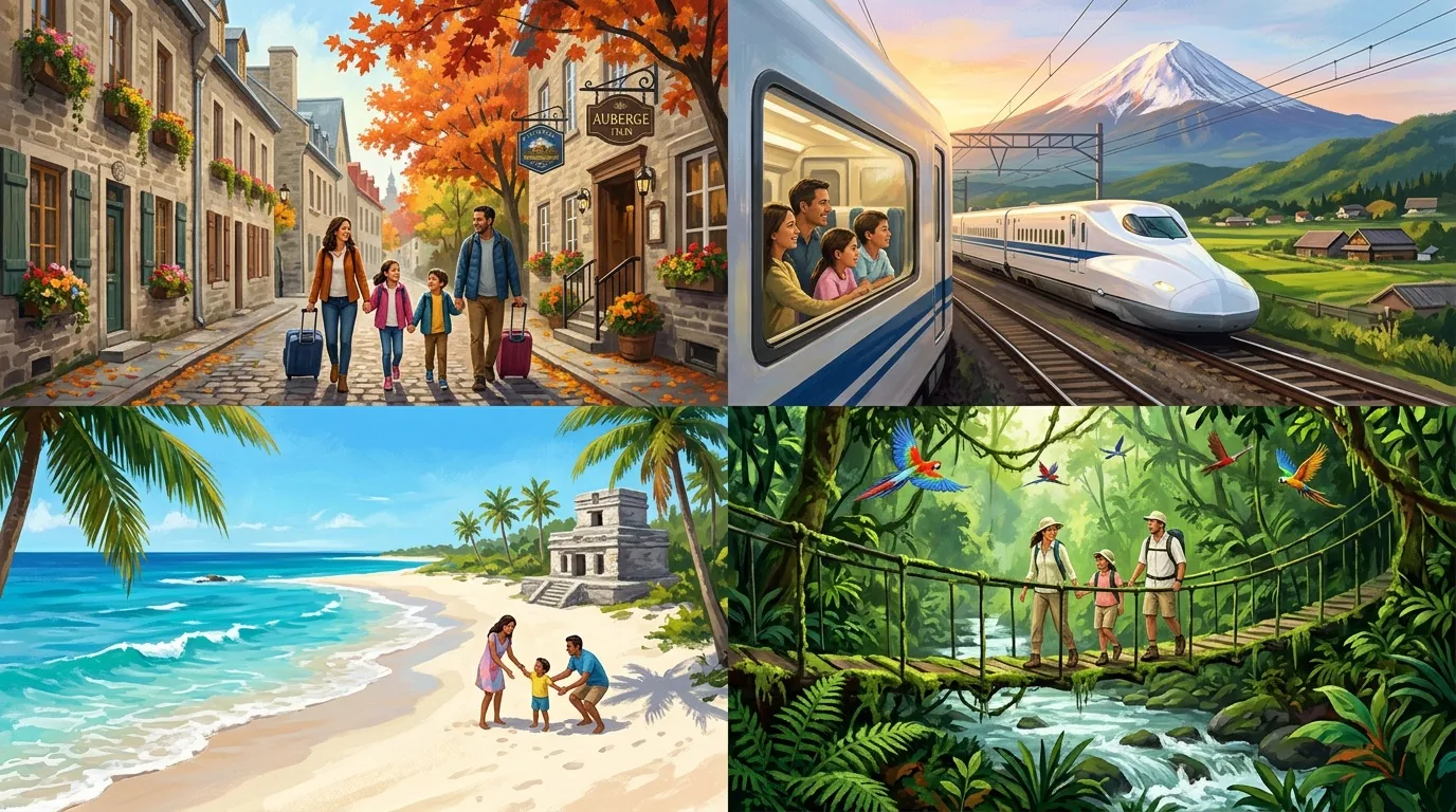 Famille voyageant dans quatre destinations : village automnal, train moderne, plage tropicale, jungle.