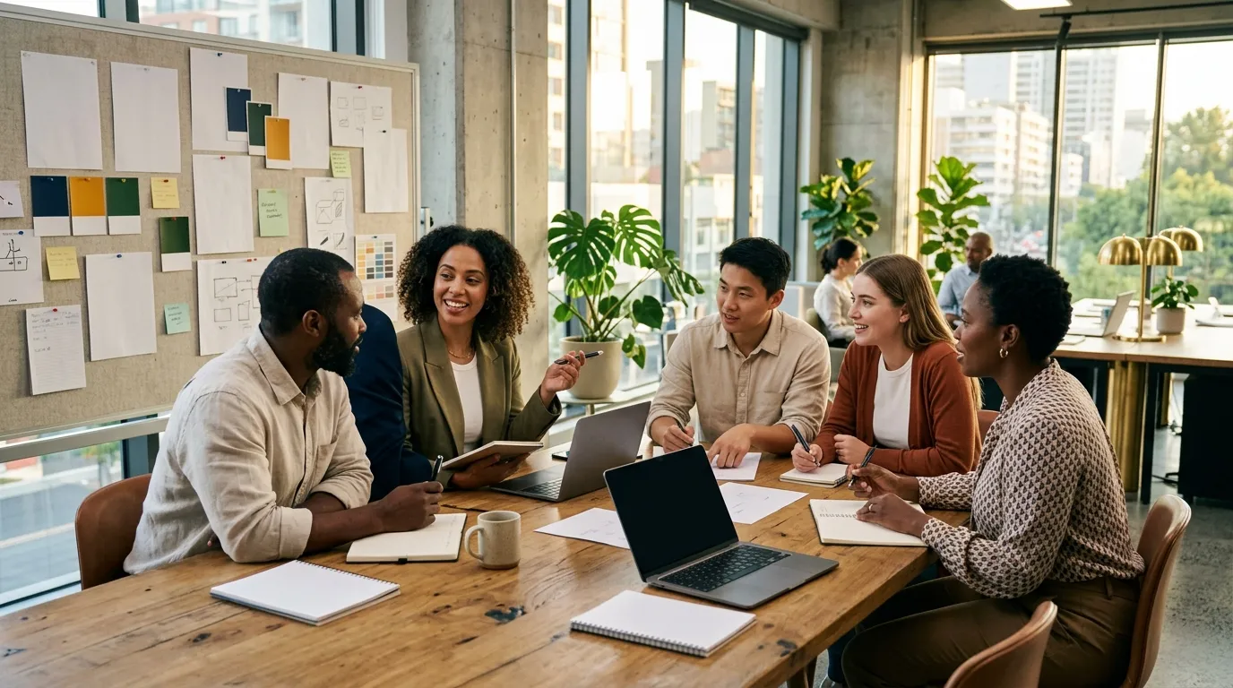 Cinq professionnels collaborent autour d'une table avec ordinateurs portables