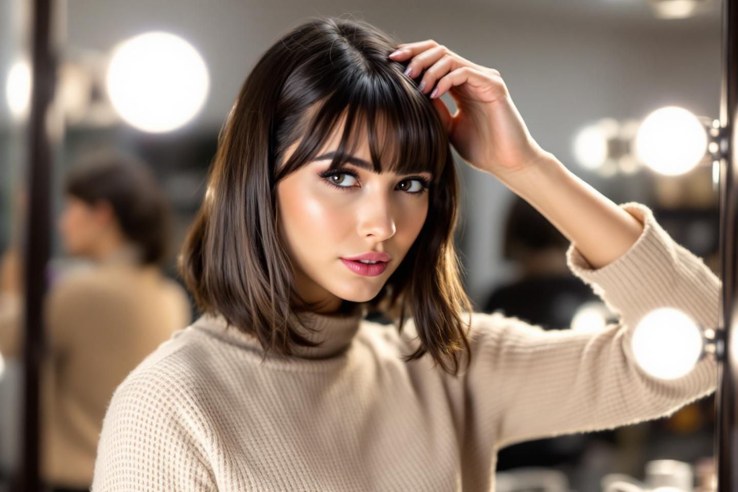 Femme aux cheveux bruns dans un pull beige, lumières en fond
