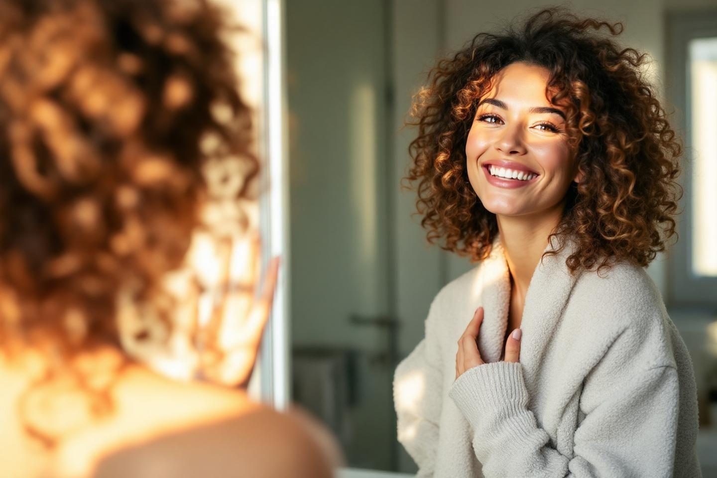 Femme aux cheveux bouclés souriante dans un pull gris clair
