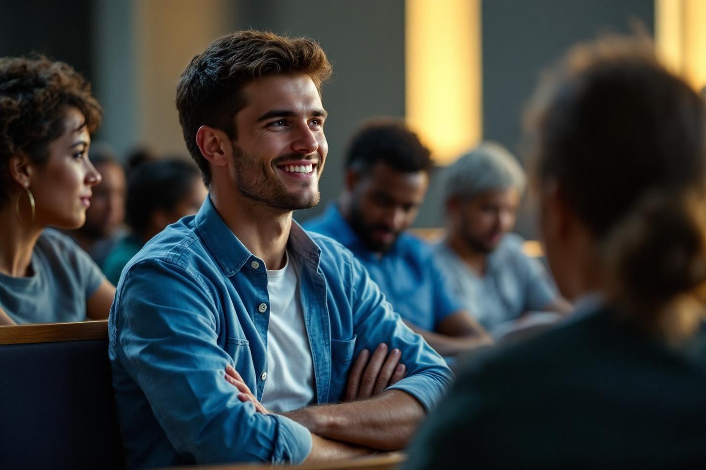 Homme souriant, bras croisés, dans un environnement de travail