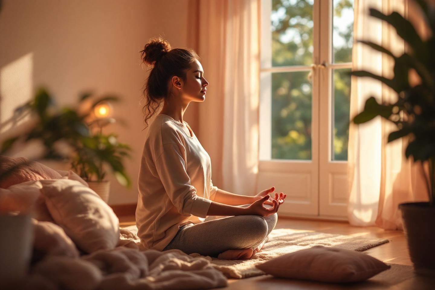 Femme méditant près de fenêtre avec plantes et coussin