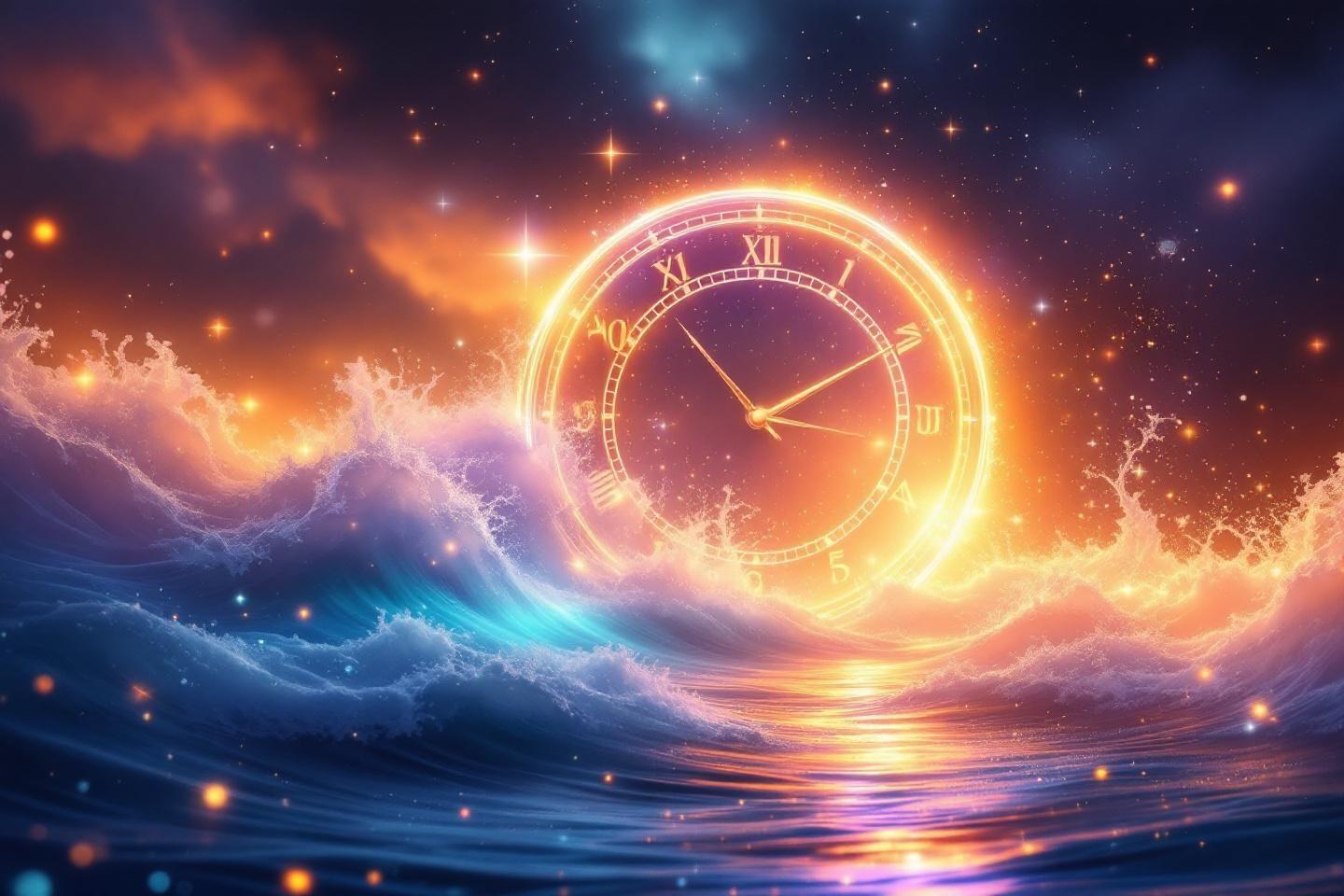 Horloge lumineuse flottant dans des vagues stellaires colorées