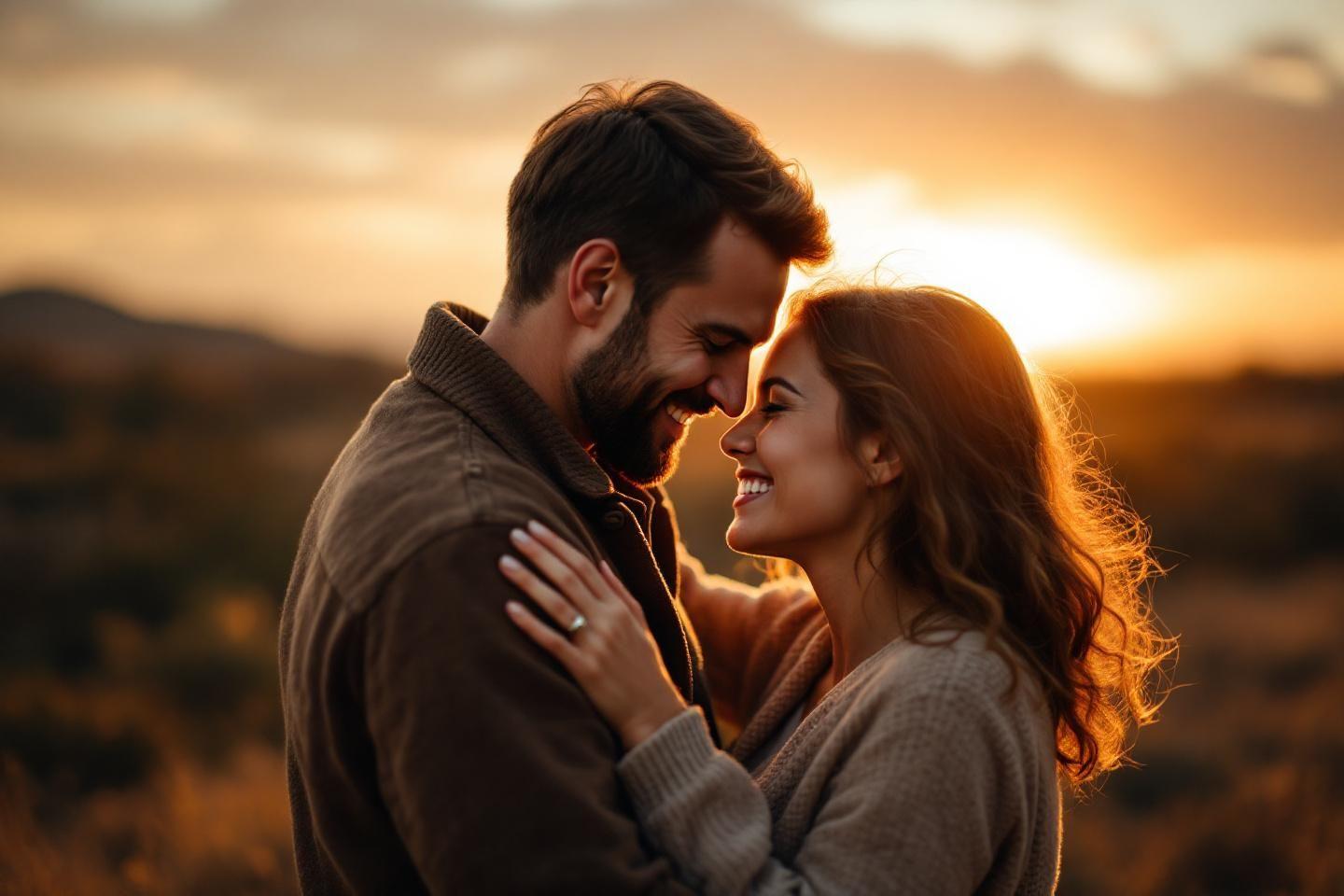 Couple enlacé, lumière dorée, sourires tendres