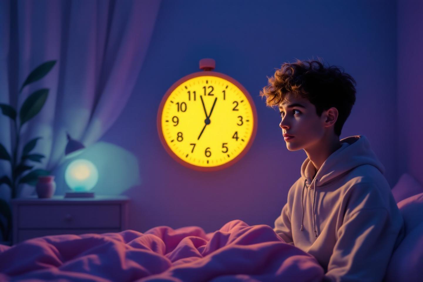 Jeune personne éveillée la nuit, regardant une horloge jaune