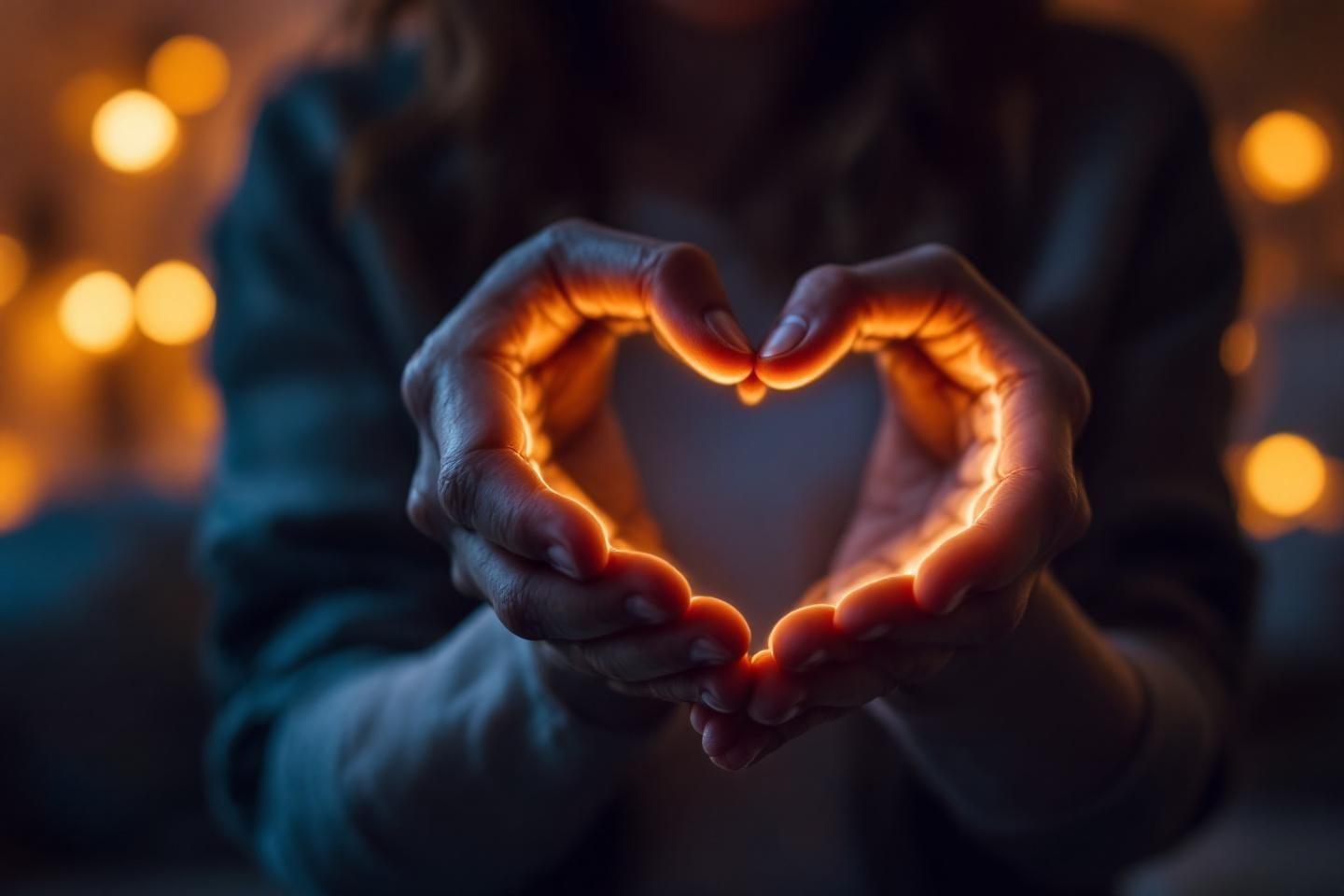 Mains dans une lueur dorée formant la forme d'un cœur