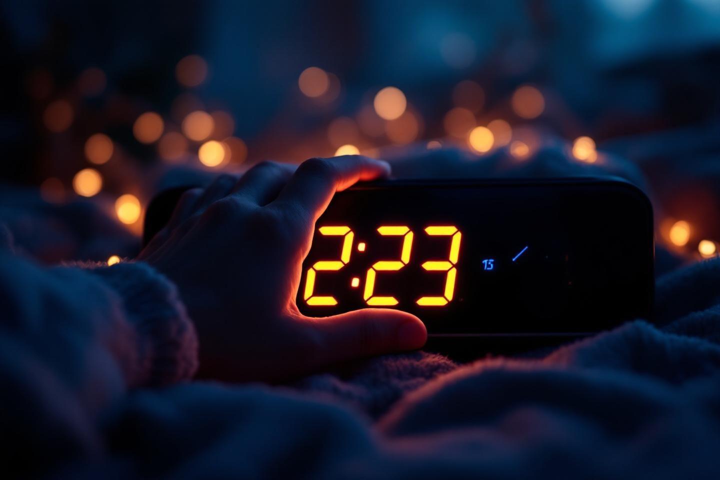 Écran digital affichant 2:23 dans une ambiance nocturne lumineuse