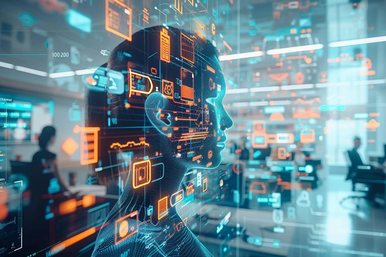 Une interface technologique complexe avec des éléments holographiques et numériques interactifs