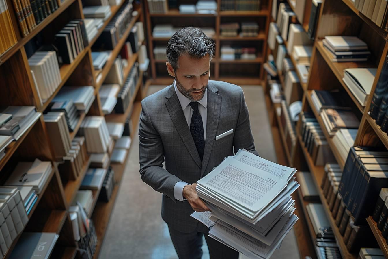 Un homme d'affaires en costume portant des documents dans une bibliothèque.