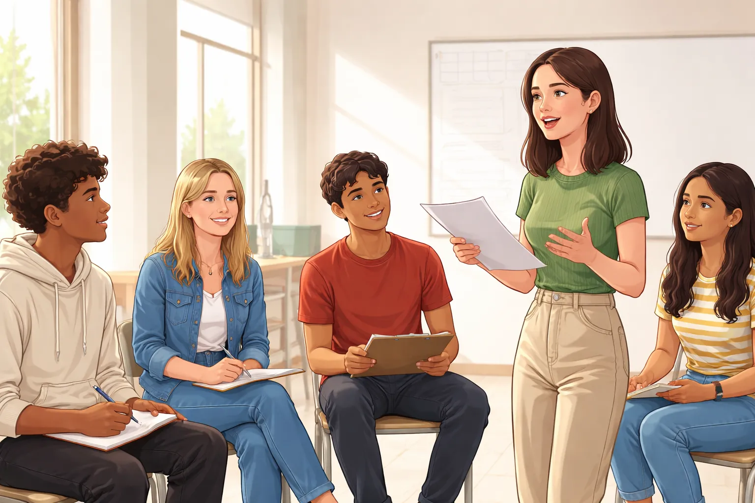 Lycéens en atelier de préparation au Grand oral, en groupe, en train de répéter
