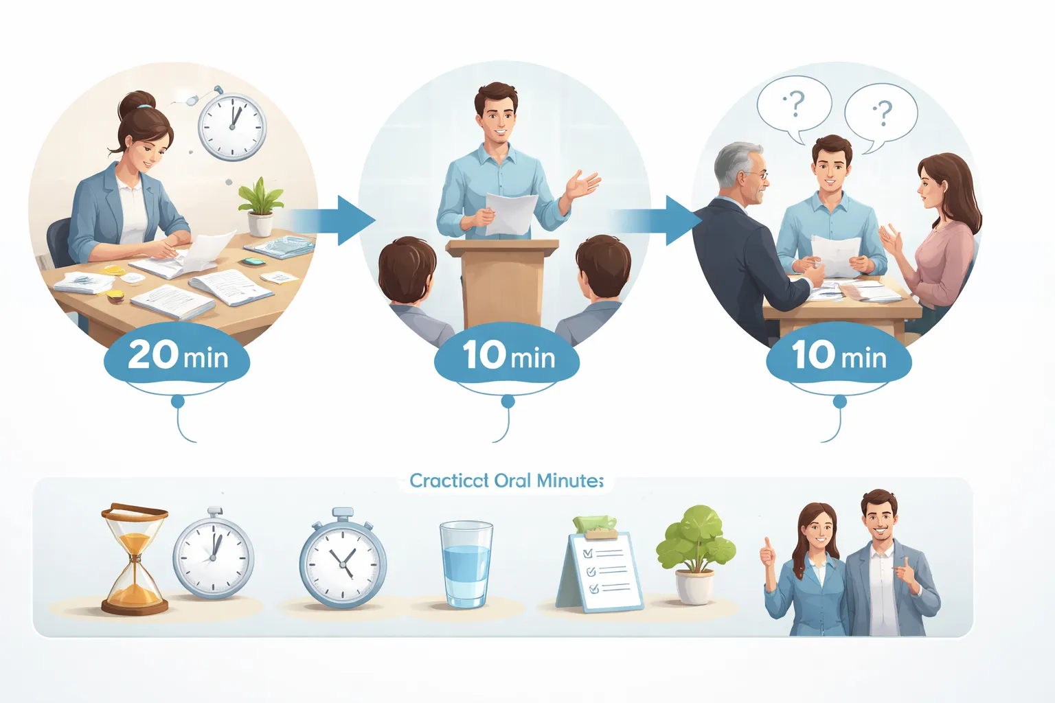 Infographie des étapes du Grand oral : préparation 20 min, présentation 10 min, questions 10 min, conseils pratiques