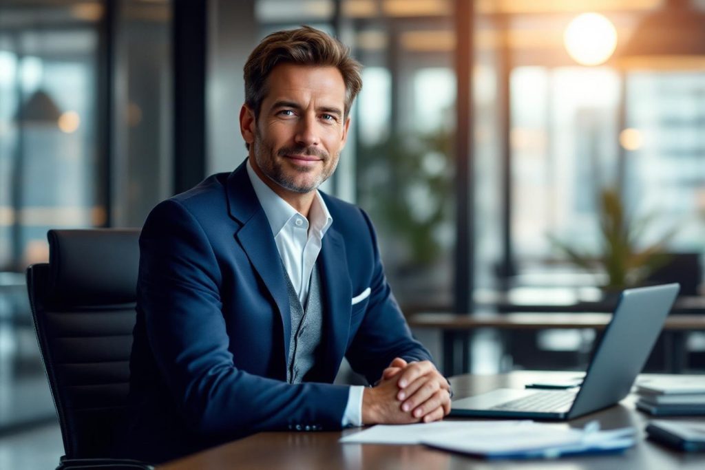 Homme d'affaires souriant en costume assis à un bureau moderne