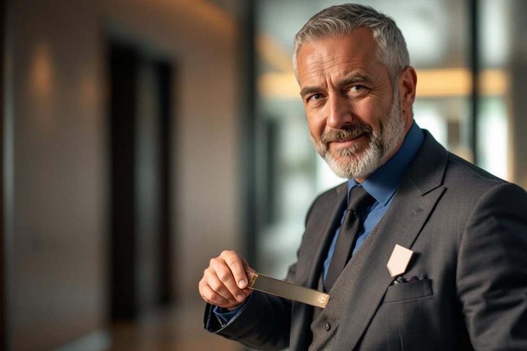 Homme d'affaires senior en costume gris tenant une carte